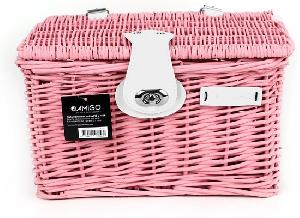 Bekijk leuke cadeautip : AMIGO Fietsmand Met Deksel - 10 Liter - Riet - Roze